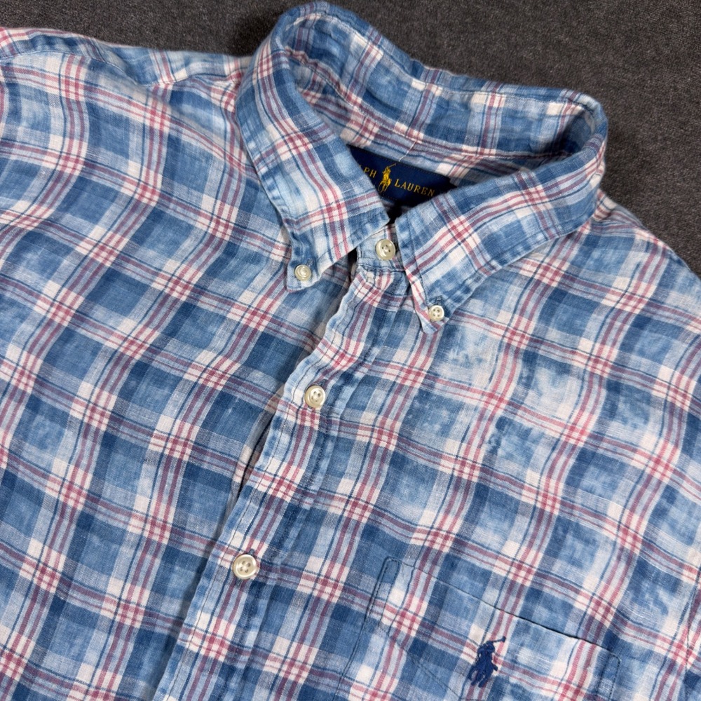 Ralph Lauren Button Down Shirt Mens XL Blue Plaid 100% Linen Short Sleeve Pony
